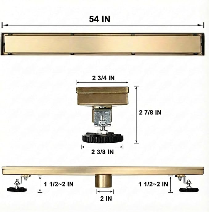 AVSIILE Linear Shower Floor Drain, Brushed Gold 54 Inch 304 Stainless Steel Bathroom Drains Kit, Rectangular Shower Trench Drain with Reversable Tile-in Pattern Drain Cover & Hair Catcher