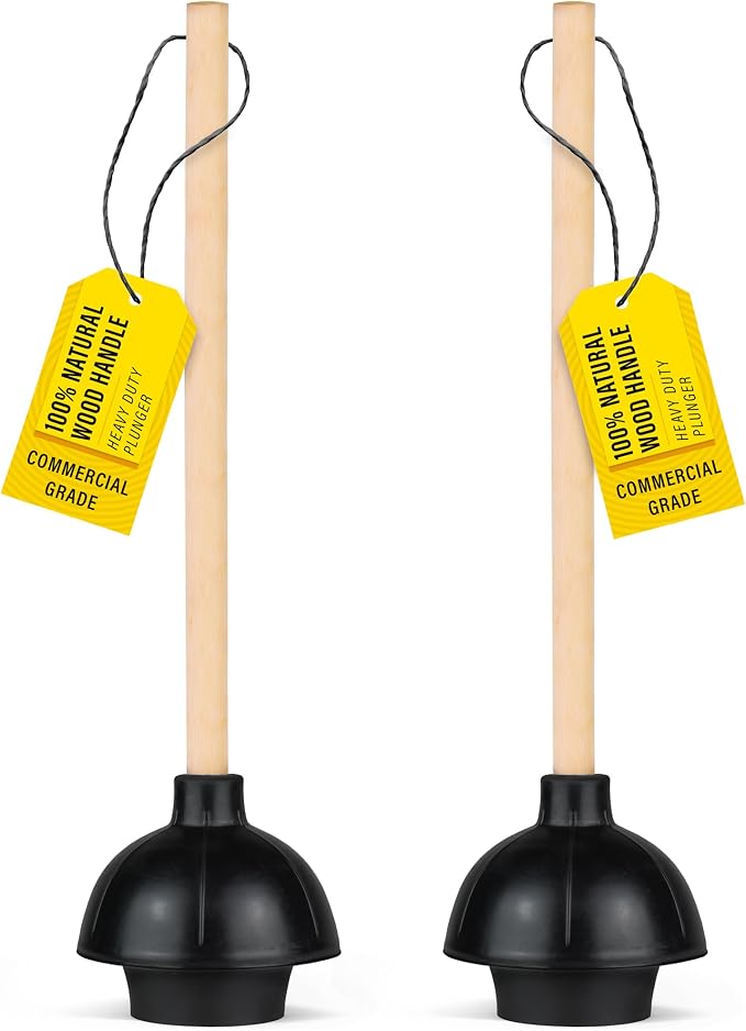 SteadMax 2 Heavy Duty Toilet Plungers, Double Thrust Rubber Cup Wood Handle