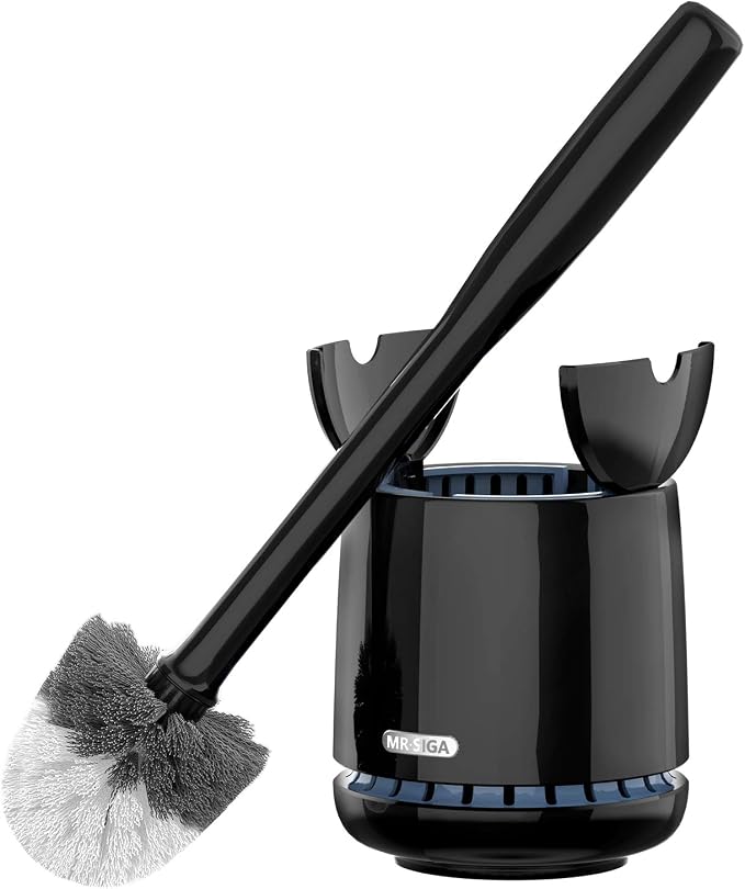 MR.SIGA Toilet Bowl Brush and Holder, Sturdy Long Handle, Black, 1 Pack | Automatic lid design, upgraded ventilation, replaceable toilet brush head dries quickly