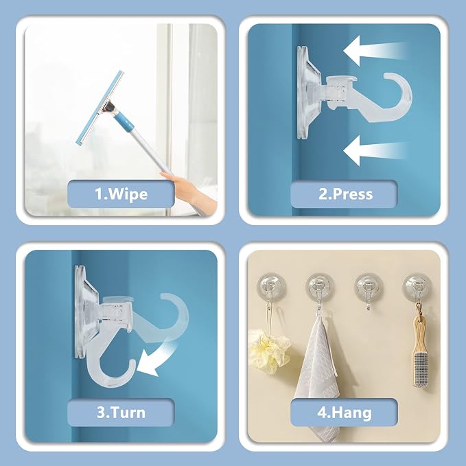 CozyBlue Heavy Duty Suction Cup Hooks for Shower - 4 Pack Waterproof Shower Suction Hook Reusable and Removable Strong Attachment on Window, Glass Door, Kitchen