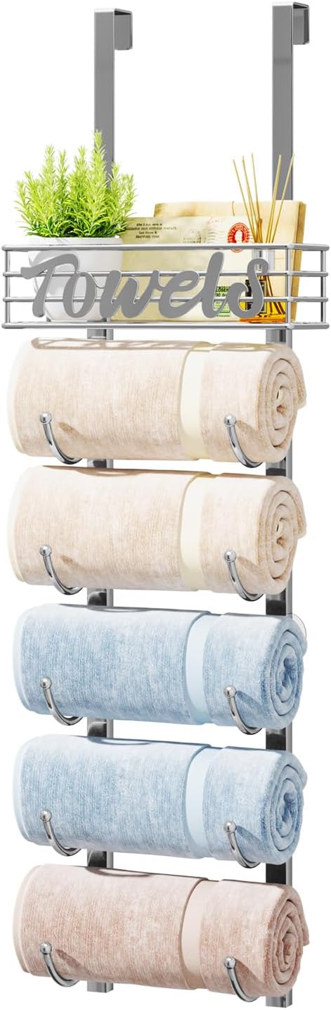 HapiRm Towel Racks for Bathroom Storage - 6 Tier Over The Door & Wall Mount Rolled Towel Storage Organizer Holder with Metal Shelf Basket for Small Bathroom, Camper, Rv - Sliver, Patented