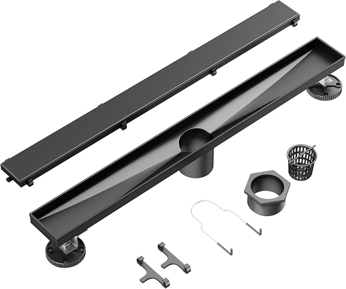 Neodrain 48 in Matte Black Linear Shower Drain with 2-in-1 Flat & Tile Insert Cover, 304 Stainless Steel Rectangle Shower Floor Drain,Floor Shower Drain