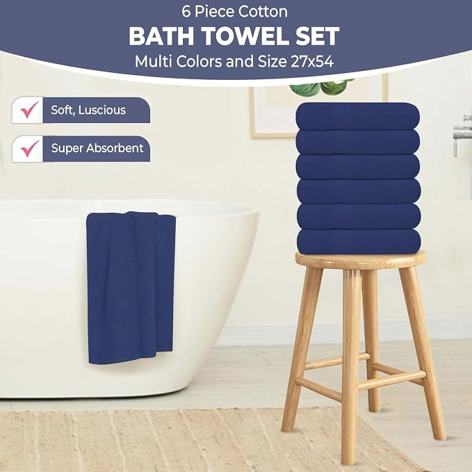 KAHAF COLLECTION 6 Pack Bath Towels Set (27 x 54 Inches) 100% Ring Spun Cotton, Lightweight, Quick Dry, Highly Absorbent Towels (Navy, (27x54) Inches)