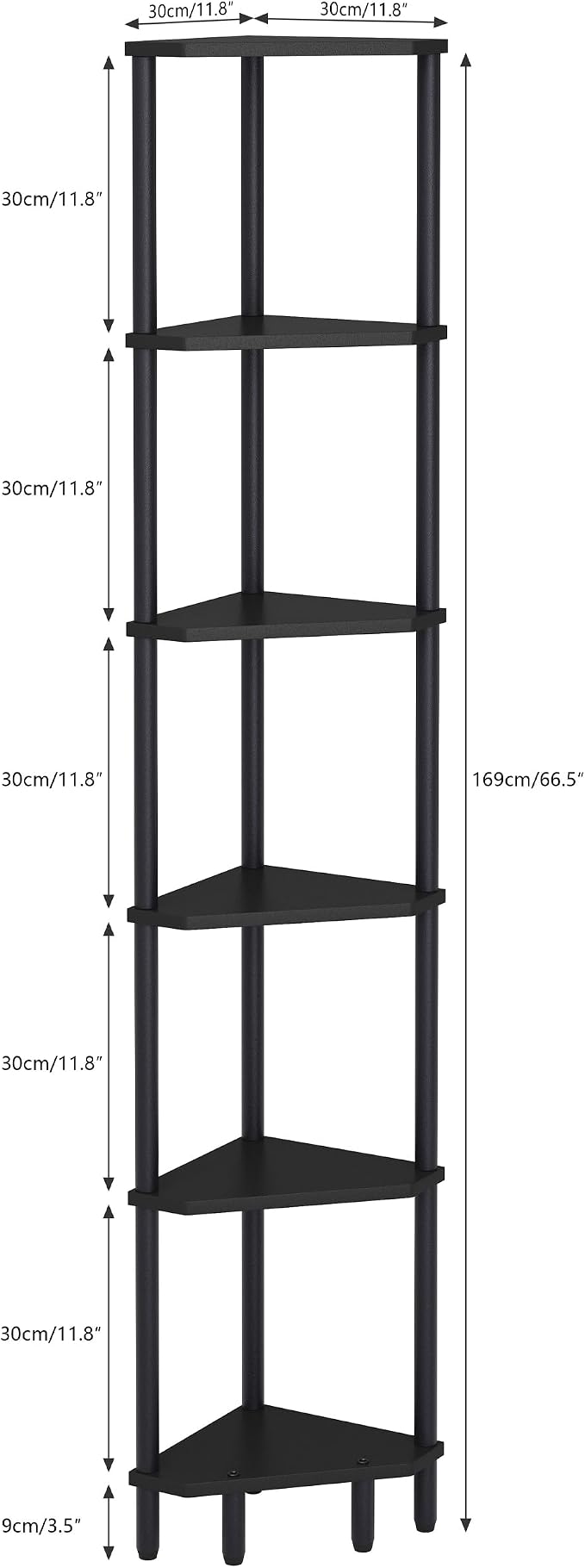 6 Tier Corner Shelf, 66.5'' Tall Standing Shelf, Narrow Display Shelf Stand, Modern Corner Bookshelf, Plant Stand, Corner Bookcase for Living Room, Bedroom, Bathroom, Black LCS502B