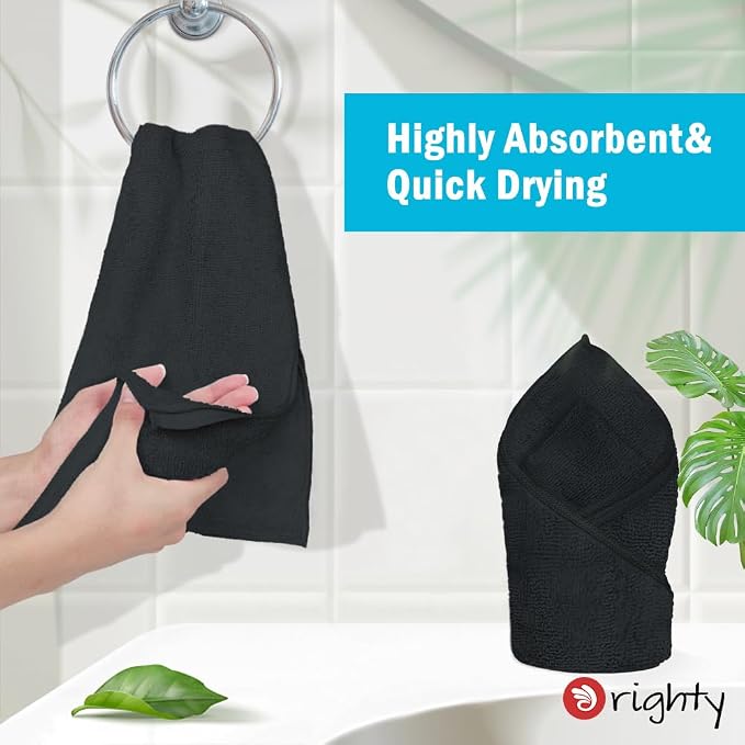 Orighty 6-Pack Black Hand Towels, 16x28 inch Microfiber Gym Towels | Quick Drying & Absorbent, Lightweight & Thin Black Yoga Towel - Multi-Purpose Camping Towel for SPA, Hotel & Bathroom