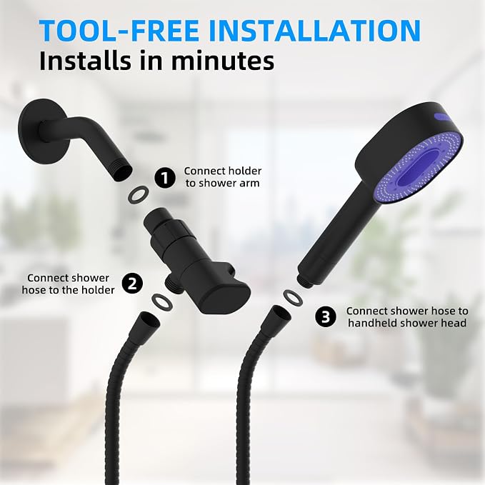 Hibbent Upgraded Metal Shower Head Holder with LED Display Shower Thermometer, Adjustable Shower Arm Mount for Handheld Shower Head, Universal Shower Head Bracket, Solid Brass Pivot Ball, Matte Black