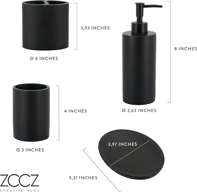 Bathroom Accessory Sets, 4 Pieces Bathroom Accessories Complete Set Vanity Countertop Accessory Set, Includes Lotion Dispenser Soap Pump, Toothbrush Holder and Tray (Matte Black Look Rounded)