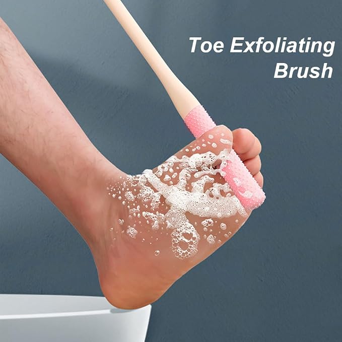 Long Handled Silicone Toe Crevice Cleaning Brush & Exfoliating Brush, 2025 New Soft Rubber Toe Cleaning Tool, Foot Scrubber Shower Feet Care for Seniors, Elderly, Men and Women (Pink+Grey)