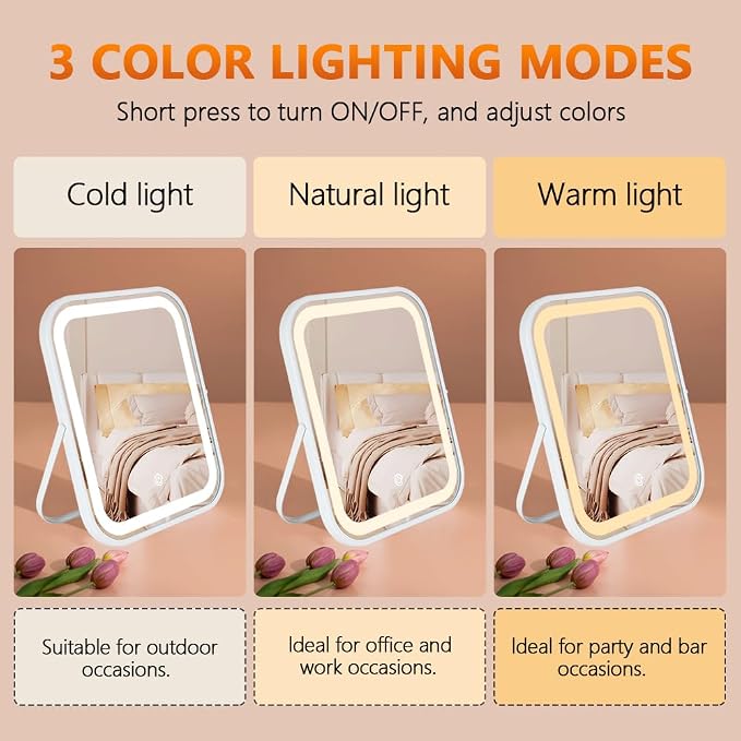 YEKKOPT Rechargeable Vanity Mirror with Lights,8x10 Inch 3 Color Lighting Portable Makeup Mirror with Touch Screen Adjustable LED Lights,Desk Mirror for Travel, Home