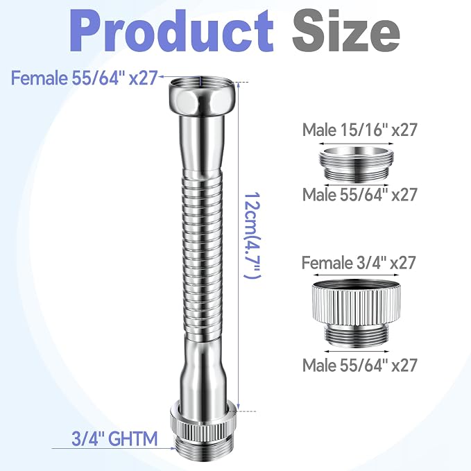Faucet Extender Garden Hose Adapter Hose Protector, Flexible Kitchen Sink Faucet Adapter to Garden Hose for Male 3/4 Inch & 55/64 Inch to 3/4 Inch GHT