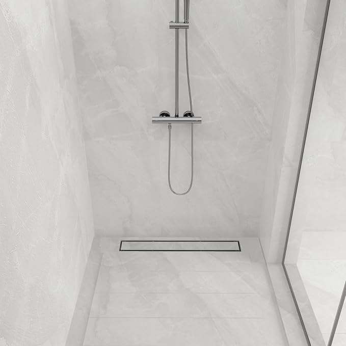 32-Inch Linear Shower Drain with Tile Insert Grate, SUS 304 Stainless Steel Linear Drain, Matte Black Long Rectangle Shower Floor Drain with Leveling Feet, Hair Strainer, Fits Bathroom