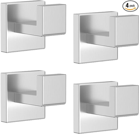 Towel Hooks Bathroom Coat Robe Wall Hook Heavy Duty Door Hanger Towel Robe Clothes Rack for Bathroom Bedroom Kitchen Hotel Pool 4 Packs-Brushed Nickel Stainless Steel Wall-Mounted