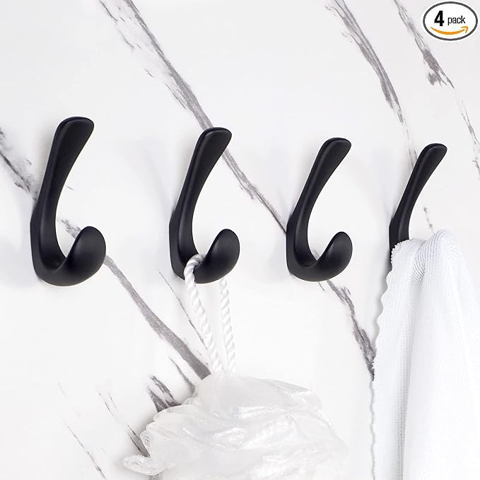 4 Pack Towel Hooks for Bathrooms Wall Mounted, Matte Black Bathroom Hooks for Towels, Robe & Towel Hook for Wall, Modern Black Bath Towel Hook