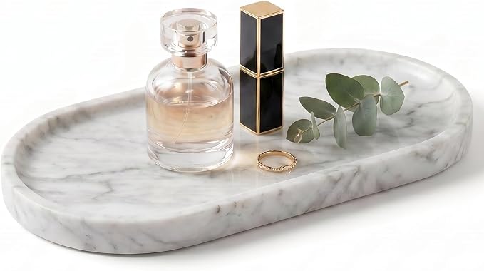 YKAJO Carrara White Gray Oval Marble Tray, 9.8x4.7 Perfume Organizer Dish | Honed natural stone; jewelry & trinket dish, ring & key holder, soap & candle catchall; bath counter, dresser, coffee table