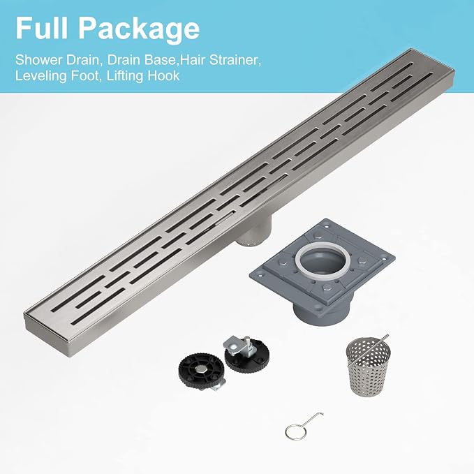 EMBATHER 28 Inch Linear Shower Drain with Shower Drain Base, CUPC Certified, 304 Stainless Steel Shower Floor Drain Included Removable Square Cover, Hair Strainer and Leveling Feet, Brushed Nickel