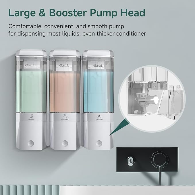 Shampoo and Conditioner Dispenser 3 Chamber No Drill Shower Soap Dispenser Wall Mounted Shampoo Conditioner Body Wash Dispenser 3 * 500ml Refillable Shower Dispenser for Bathroom Hotel, Silver