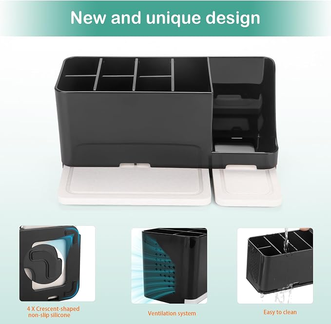 YONGAIJIA Toothbrush Holder for Bathroom Organizer with Diatom mud Board，Detachable 8 Slots Kids Electric Toothbrush Holder and Toothpaste Stand for Countertop Accessories Storage (Black)