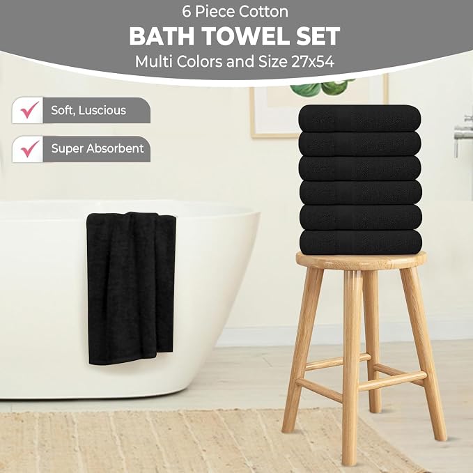 KAHAF COLLECTION 6 Pack Bath Towels Set (27 x 54 Inches) 100% Ring Spun Cotton, Lightweight, Quick Dry, Highly Absorbent Towels (Black, (27x54) Inches)