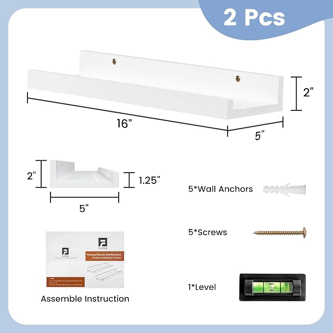 Picture Ledge Shelf for Wall, 16 inch Solid Pine Wood Nursery Book Shelves 2 Packs, Floating Ledge Shelves for Kids' Room Bedroom Bathroom Living Room Photo Frames Office Nursey Wall Decor, White