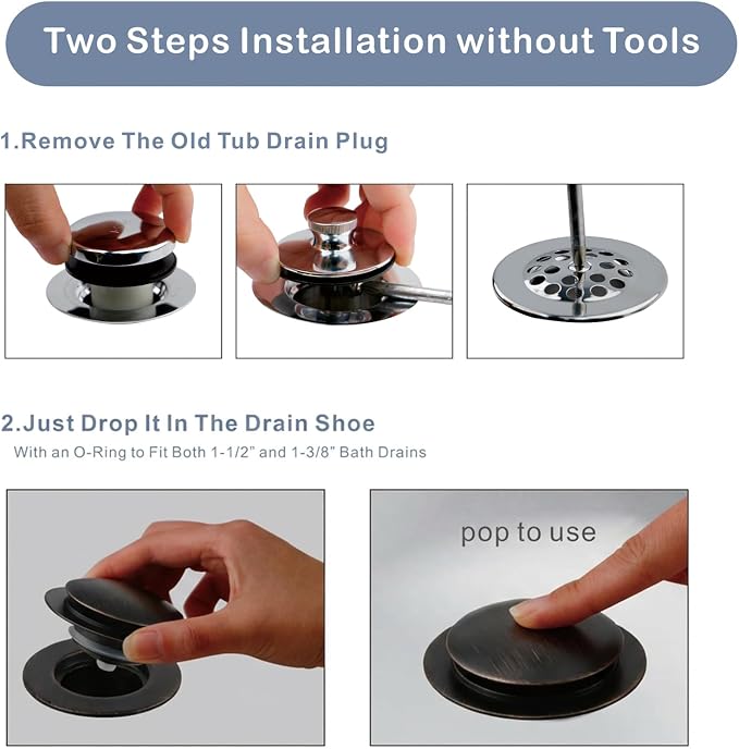 Oil Rubbed Bronze Bathtub Drain Stopper, Hidrop Universal Toe Touch Pop Up Bath Drain, Tip Toe Tub Drain Stopper Conversion Kit, Replaces Lift and Turn, Tip-Toe and Trip Lever Drains, EZ Install (ORB)