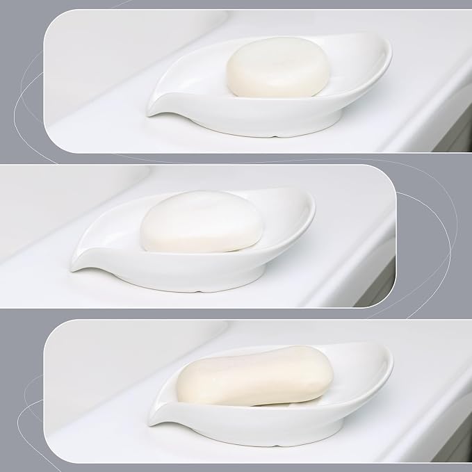 Soap Holder, Self-Draining Soap Dish, White Leaf Shape Ceramic Bar Soap Holder Drain Soap Dishes for Bathroom Sink Kitchen, Easy to Clean Keeps Soap Dry, ANTIS'S HOME