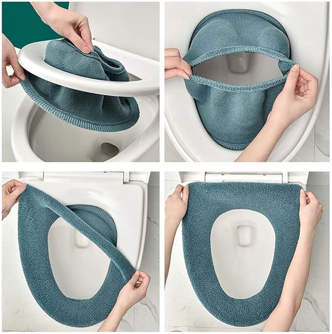 Bathroom Soft Thicker Warmer Stretchable Washable Cloth Toilet Seat Cover Pads 3PCS (Blue Green Gray) (5 Colors)