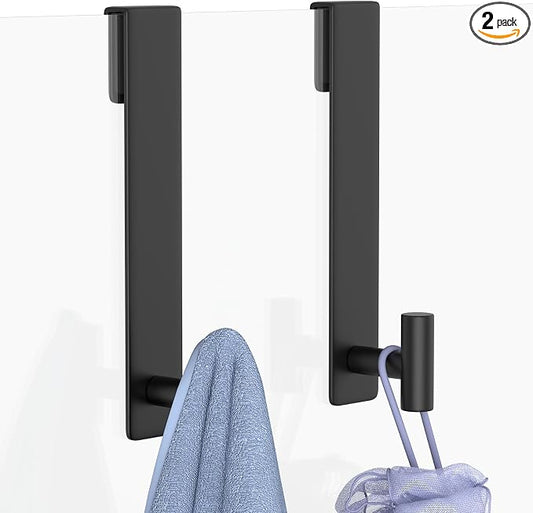 PMMASTO 10 Inch Extended Shower Door Hooks for Frameless Glass Bathroom, Stainless Steel Heavy Duty Over Door Towel and Robe Hanger (Black, Fits 3/8" Thick Door- T Shape)