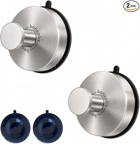 Suction Cup Hooks for Shower Heavy Duty, Brushed Towel Hangers for Bathrooms/Shower/Door/Glass Window/Tile, Hooks for Walls No Damage Hanging Robe Bath/Loofah/Coat/Wreath - Removable, 2 Pack