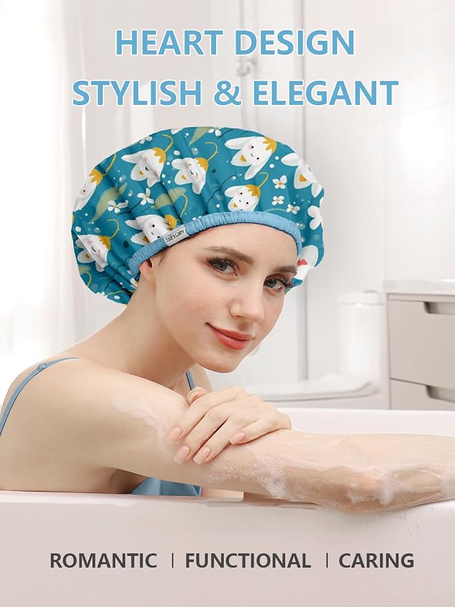 Years calm Shower Caps for Women Reusable Waterproof Double Layer Hair Cap | Both Sides Usable, Reversible Pattern & Solid Color Design, Soft Elastic Keeps Hair Dry for shower Spa Travel