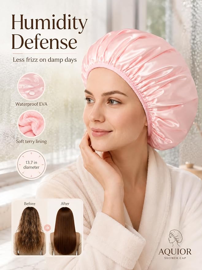 Aquior Shower Cap,Triple Layer Shower Cap for Women, Reusable Waterproof Bath Cap,Silky Satin Outer Layer Terry Lining, Extra Large for Women Long Hair(Pink)