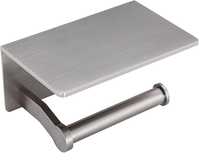 Toilet Paper Holder with Shelf - Toilet Tissue Holder with Cell Phone Shelf for Bathroom - Toilet Paper Roll Holder with Wipes Storage, Wall Mounted by Adhesive Tape or Screw - Brushed Nickel