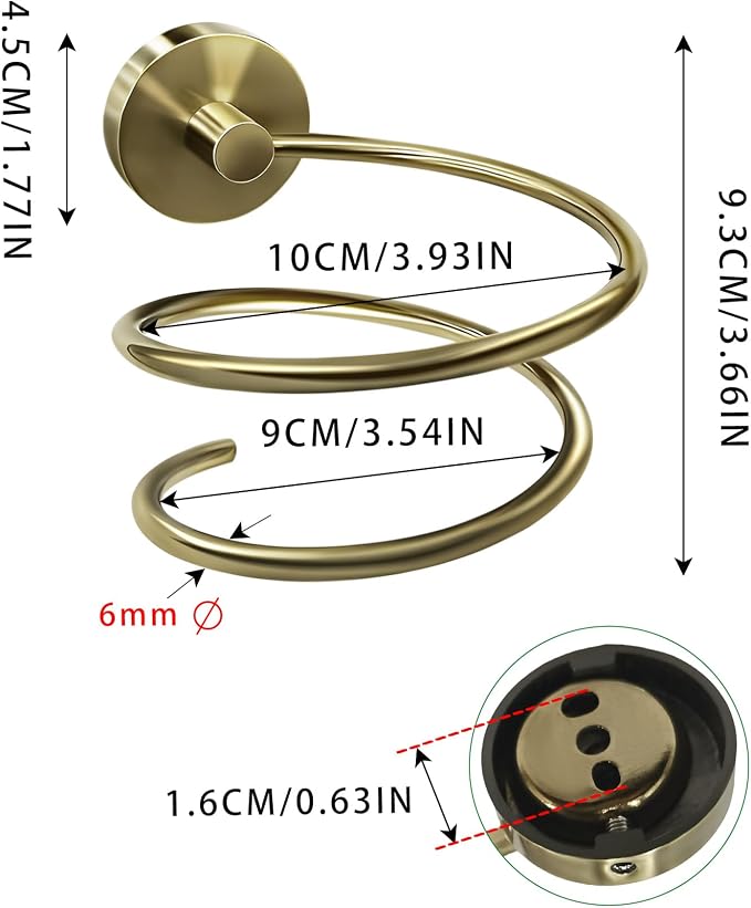 Hair Dryer Holder Wall Mounted, 304 Stainless Steel Hair Tool Organizer with Copper Base, Spiral Blow Dryer Rack for Bathroom-Brushed Gold