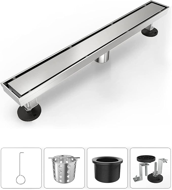 Linear Shower Drain 48 Inch, 2 in 1 Brushed Nickel Shower Drain, 304 Stainless Steel Linear Drain with Tile Insert Grate, Adjustable Feet,Hair Filter