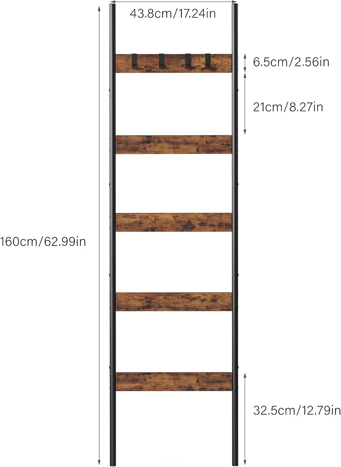 Blanket Ladder, 5-Tier Towel Holder with 4 Removable Hooks, Farmhouse Wall Leaning Decorative Rack Shelf, Wooden Towel Display Rack, Quilt Ladder for Living Room, Bedroom, Rustic Brown