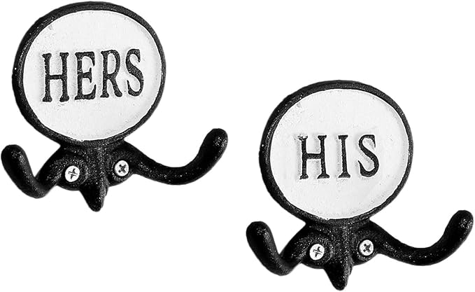 AuldHome Design His and Hers Towel Hooks (Set of 2); Cast Iron Rustic Farmhouse Decor Door Wall Hangers