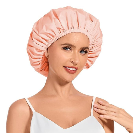 Shower Cap for Women Waterproof Reusable, Large Shower Cap Non-Slip with Elastic Band, Washable Bath Hair Hat for Long Hair, Braids (Flesh Pink)