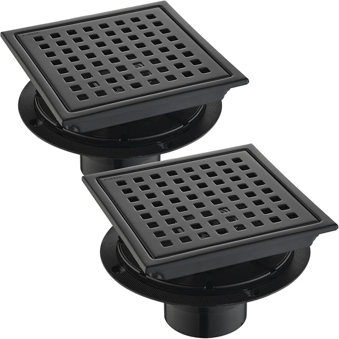 6 Inch Square Shower Drain Set of 2 with Removable, Square Grille, 304 Stainless Steel, Includes Shower Drain Base Hair Filter, Black, for Bathroom, Kitchen, Balcony 2 Pack