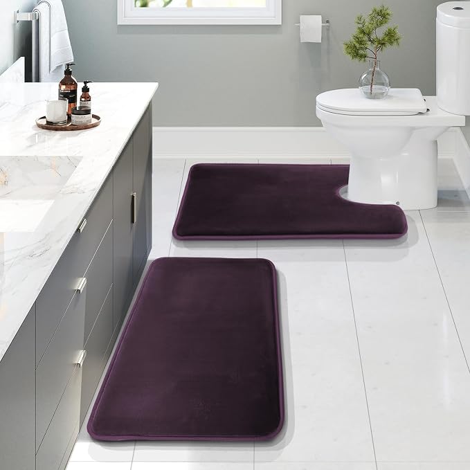 Clara Clark 2 Piece Bathroom Rugs, Velvet Memory Foam Bath Mat Set, Non-Slip Bath Rugs, Machine Wash, Dries Quickly, Ultra Soft Plush Bath Mats for Bathroom, 20 x 32 + Contour, Dark Purple