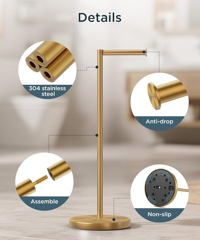 FORIOUS Toilet Paper Holder Stand, 4 Roll Storage, Weighted Base | Brushed Gold | Freestanding Tissue Roll Holder | SUS304 Stainless Steel Rustproof | Bathroom Toilet Paper Stand | Modern