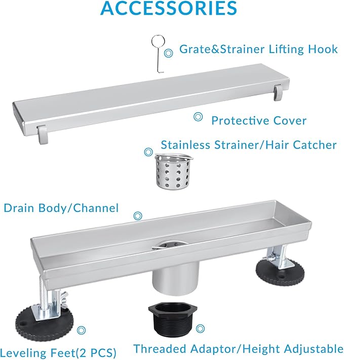 32 Inch Linear Shower Drain Silver Floor Drain for Bathroom Kitchen Rectangular 2 in 1 Floor Drain Tile Insert Cover 304 Stainless Steel Easy Install with Hair Strainer, Adjustable Leveling Feet