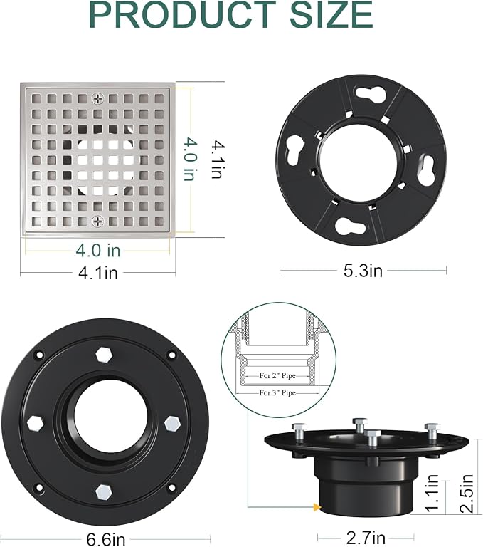 4 Inch Shower Floor Drain with Flange - Square Shower Drain with Hair Strainer - Removable Grid Strainer Cover - SUS304 Stainless Steel - Brushed Nickel