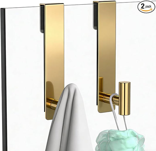 PMMASTO Shower Door Hooks, (7.5 Inch) Extended Towel Hooks for Bathroom Frameless Glass Shower Door, Stainless Steel Heavy Duty Hooks (Gold, T Shape-Fits 3/8" Thick Door)