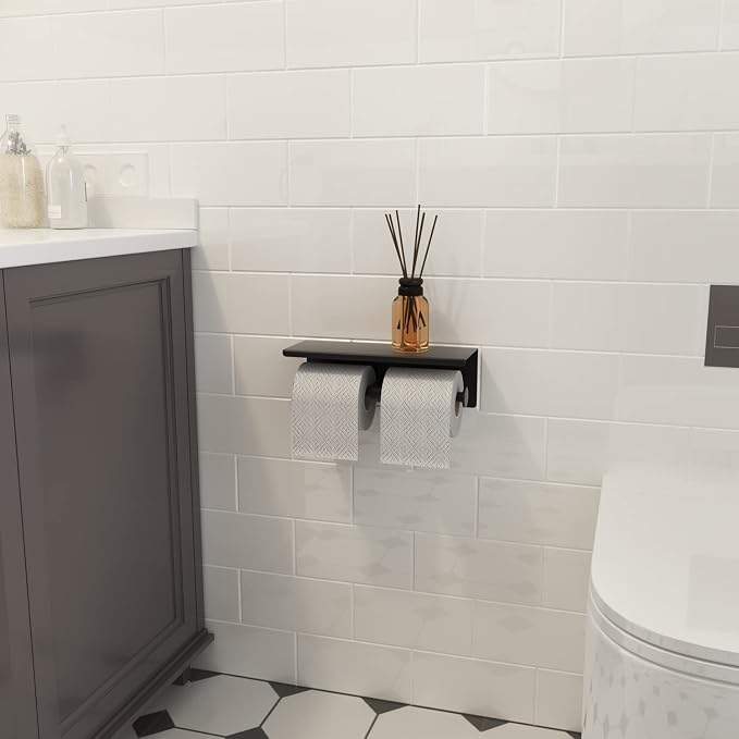 BGL Toilet Paper Holder with Shelf Matte Black, 304 Stainless Steel Wall Mount Toilet Tissue Roll Holder with Double Post for Bathroom, Commercial Toilet Paper Dispenser with Phone Shelf