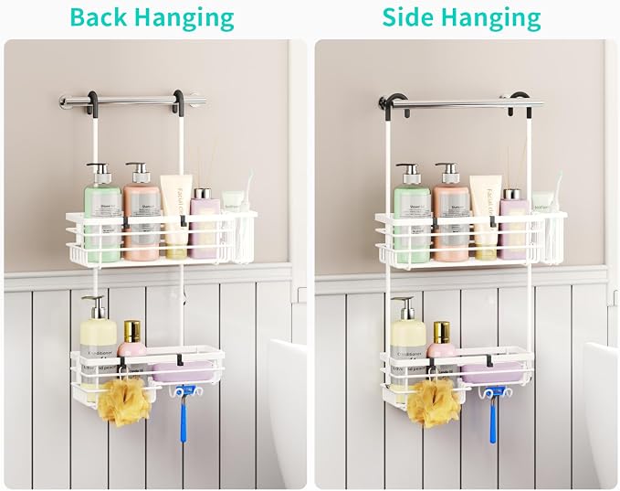 HapiRm Hanging Shower Caddy Organizer - No Drilling Shower Shelves with Hooks and Toothbrush Holder, Rustproof 304 Stainless Steel Bathroom Organizer - White