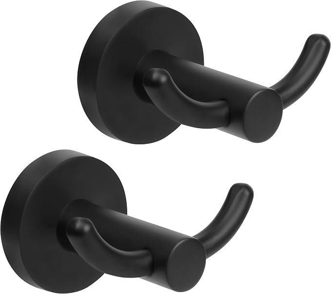 Black Towel Hooks, Bathroom Robe Hook 2 Pack, Towel Hooks Rack Bath Modern Coat Clothes Single Hook Wall Mounted for Bathroom Kitchen Washroom