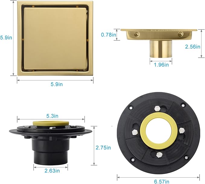 6 Inch Square Invisible Shower Floor Drain Gold, Detachable Bathroom Floor Drain Flange, Insert Tiles for Filtering in The Grille Plate Cover, SUS304 Stainless Steel Wire Drawing