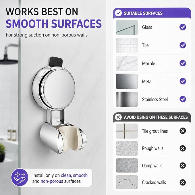Suction Shower Head Holder, No Drill Handheld Shower Holder Wall Mount Adjustable Shower Wand Bracket with Vacuum Suction Cup Chrome, Removable Shower Head Holder for Smooth Wall