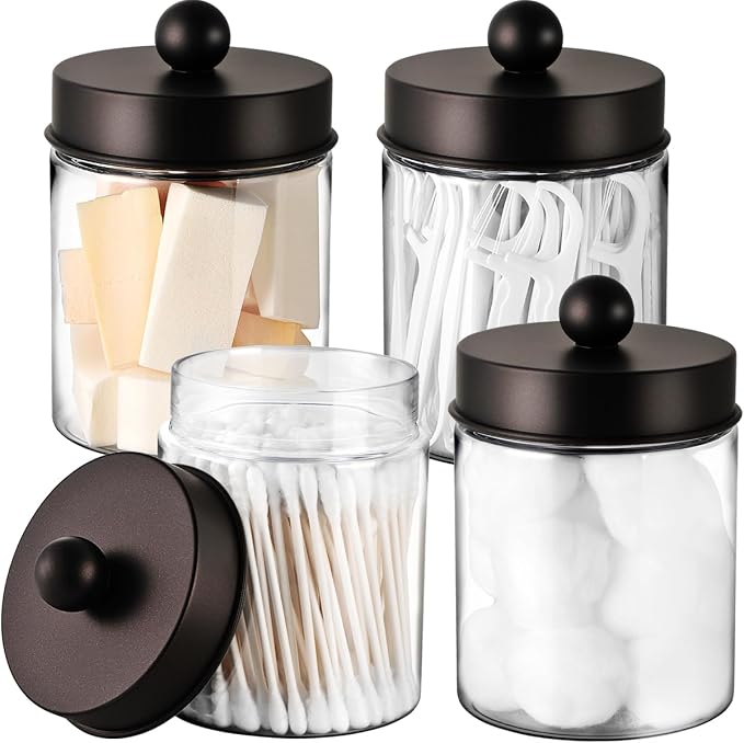 Amolliar Acrylic Apothecary Jar Bathroom Qtip Holder Bronze 4 Pack | for Bathroom Storage Vanity , Countertop, Farmhouse Style, Holds Cotton Swabs, Dental Floss, Makeup Sponges,Home Decor