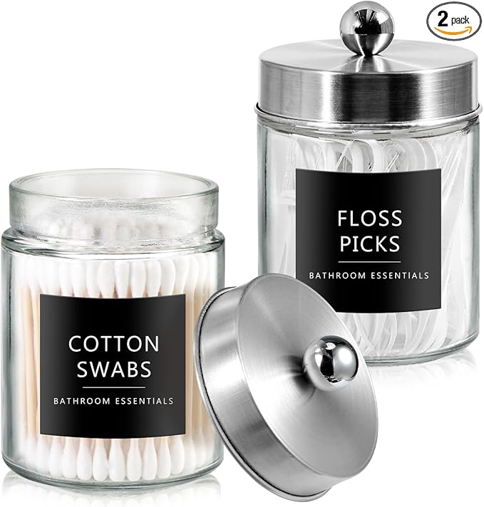 SheeChung 2 Pack Glass Qtip Holder with Brushed Nickel Stainless Steel Lids | Apothecary Jars with Stickers, Modern Farmhouse Bathroom Vanity Organizer for Cotton Swabs, Balls, Pads