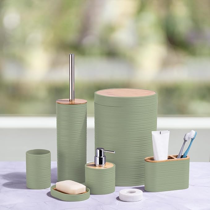 CERBIOR Bamboo Bathroom Accessories Set 6 Piece Spiral Bath Ensemble,Green | Includes Soap Dispenser, Toothbrush Holder, Toothbrush Cup, Soap Dish for Decorative Countertop and Housewarming Gift